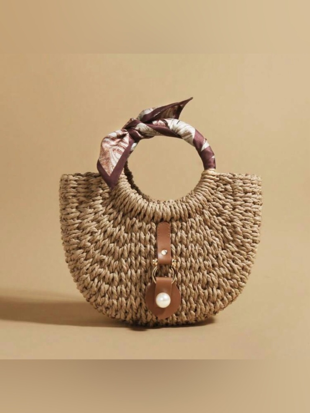 Round Woven Straw Tote with Scarf-Wrapped Handle - Brown